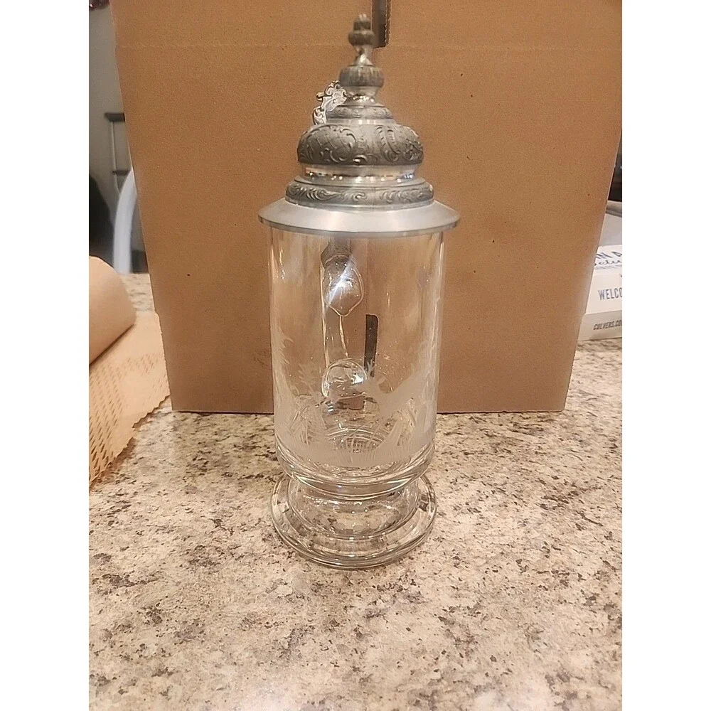 Vintage Crystal Glass Beer Stein‎ Pine Trees Etching Pewter Lid No Name